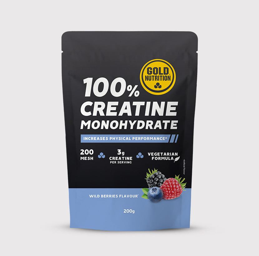 Container of GoldNutrition creatine monohydrate dietary supplement powder with a white and green label, placed on a white background.