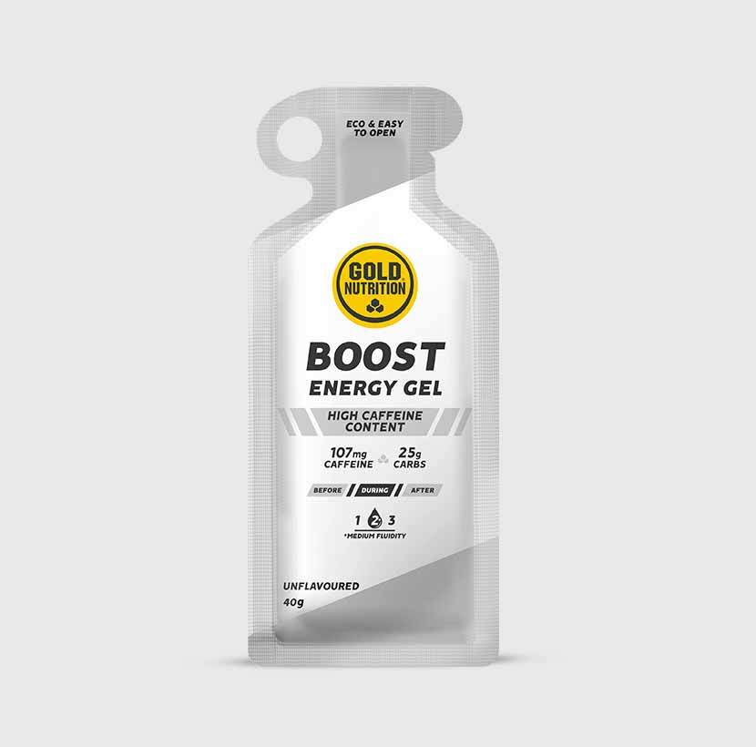 GoldNutrition BOOST PLUS Energy Gel in a portable packet, designed for quick energy boost during sports or active lifestyles.