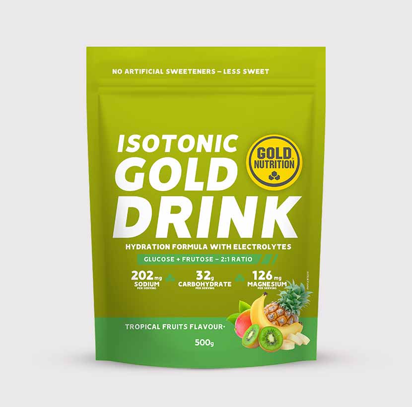 GoldNutrition GOLD DRINK 500G vitamin and supplement powder in a jar, featuring a yellow lid and label with product details.