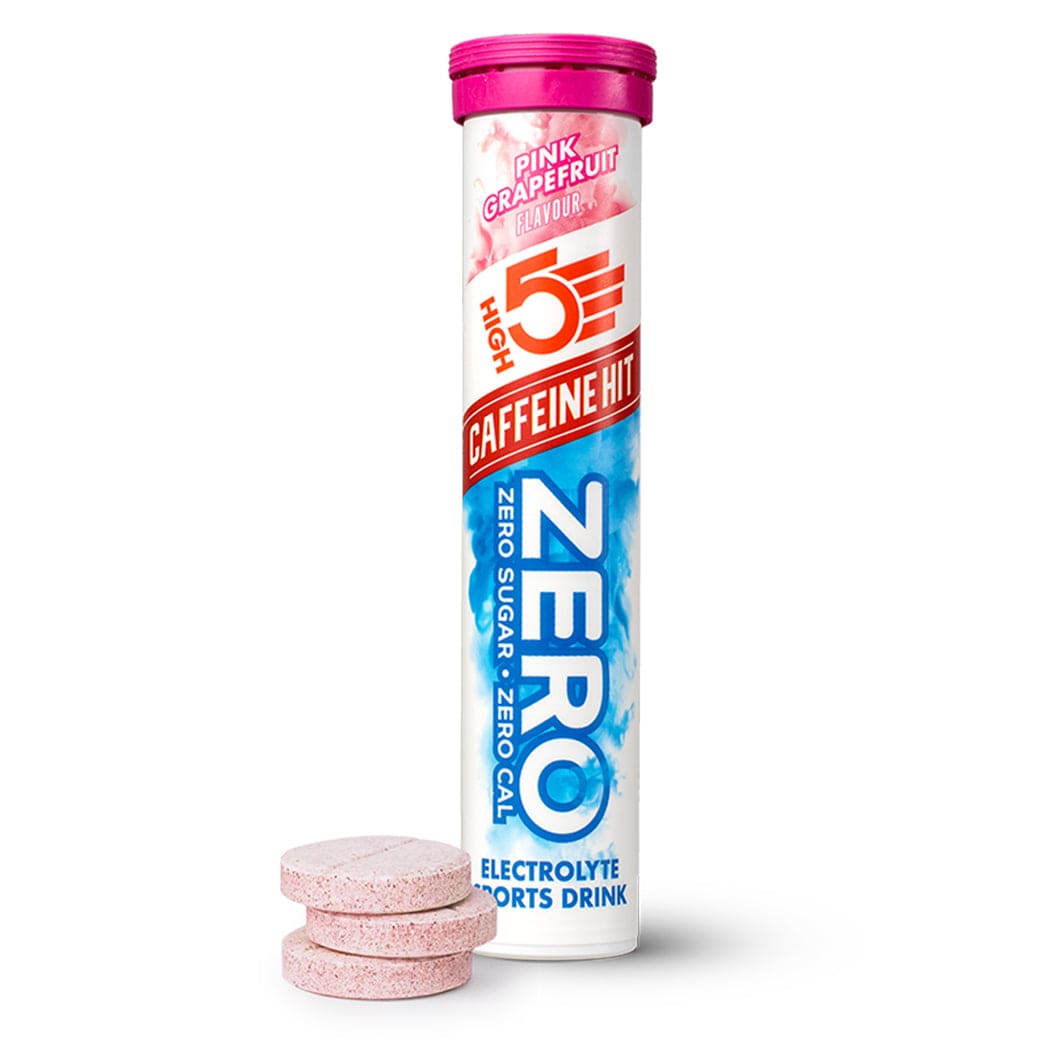 High5 Zero Caffeine Hit Electrolyte Drink tube with 20 servings in berry flavor, showing the colorful electrolyte powder inside.
