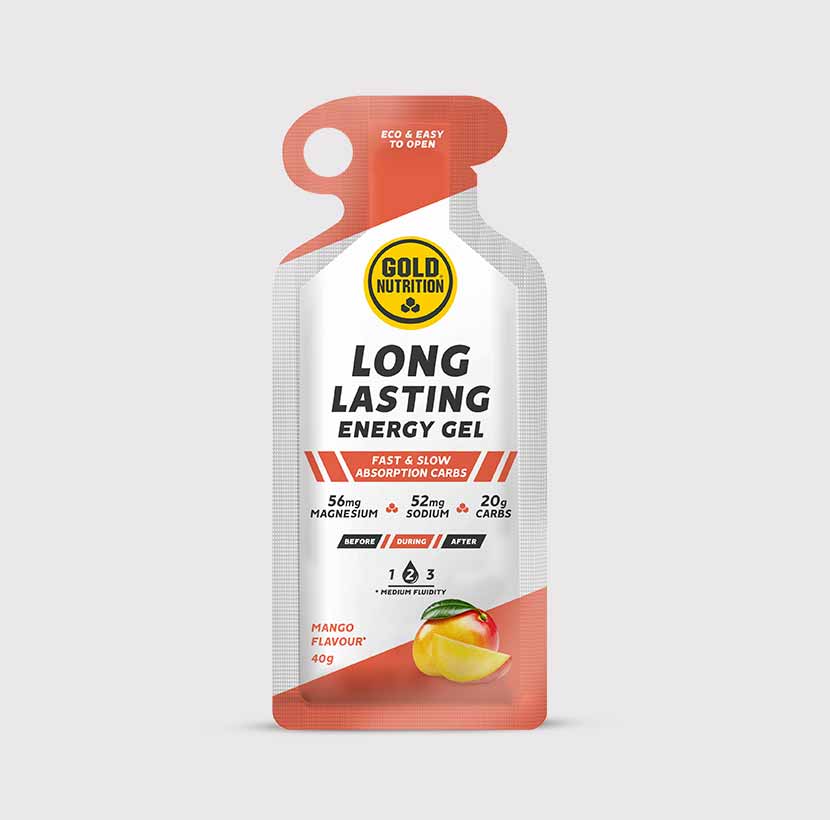 GoldNutrition long lasting gel vitamin supplement in mango flavor, single serve pack, dietary health support.