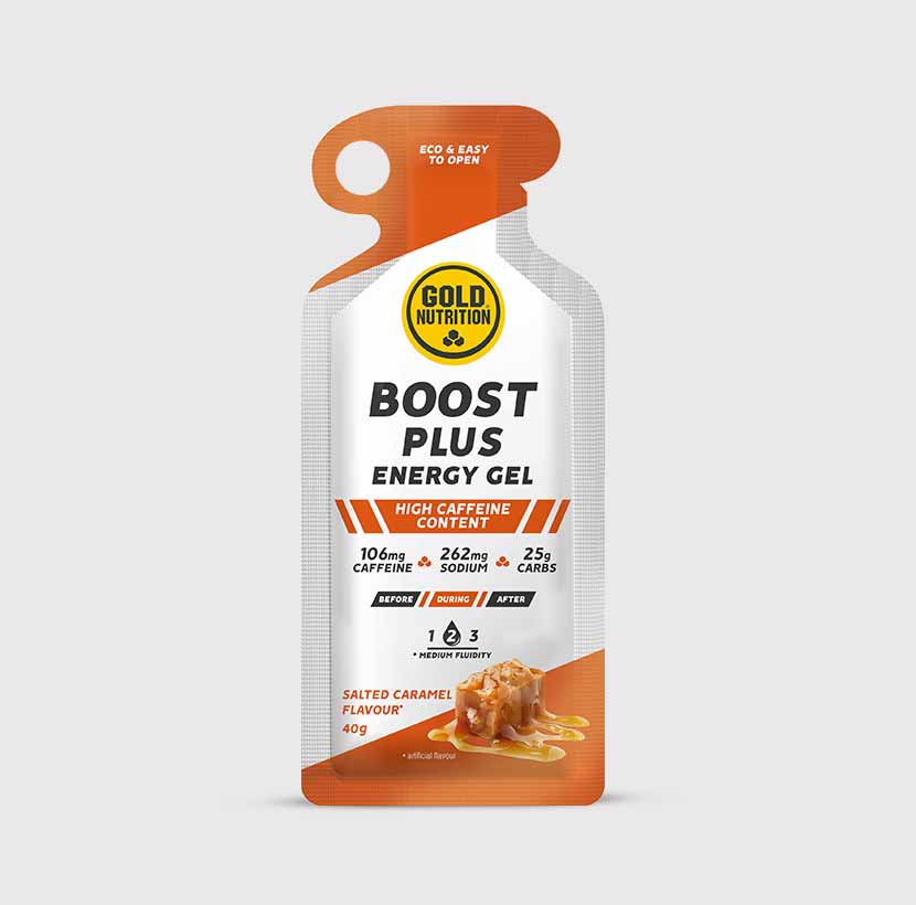GoldNutrition BOOST PLUS Energy Gel in a portable packet, designed for quick energy boost during sports or active days.