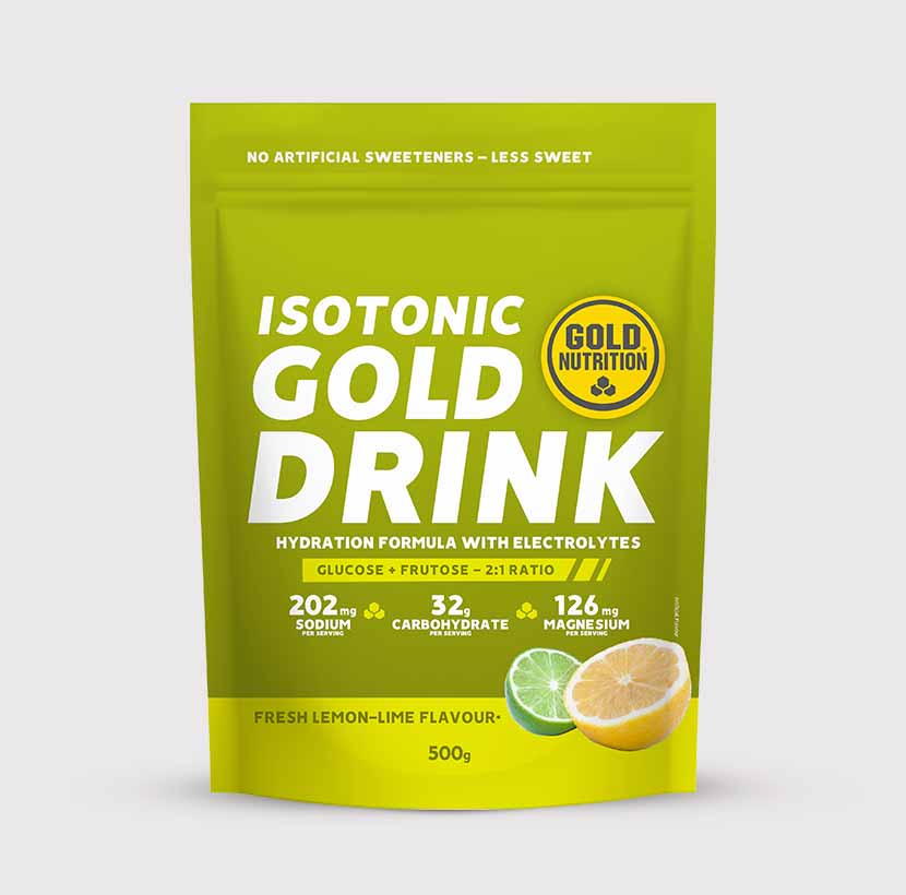 GoldNutrition GOLD DRINK 500G vitamin and supplement powder container with a label, ready for mixing and consumption.