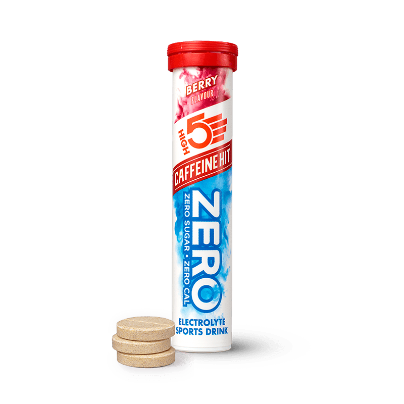 High5 Zero Caffeine Hit Electrolyte Drink tube with 20 berry-flavored servings, showcasing the colorful packaging and product details.