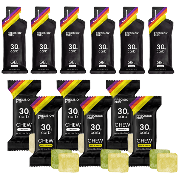 Precision Fuel & Hydration Fuel Trial Pack with assorted energy gels and drinks for optimal hydration and performance.
